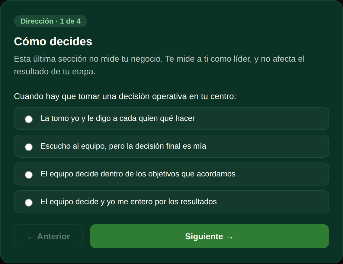 Pantalla del Diagnóstico de Salud Sistémica: pregunta sobre cómo decide el dueño